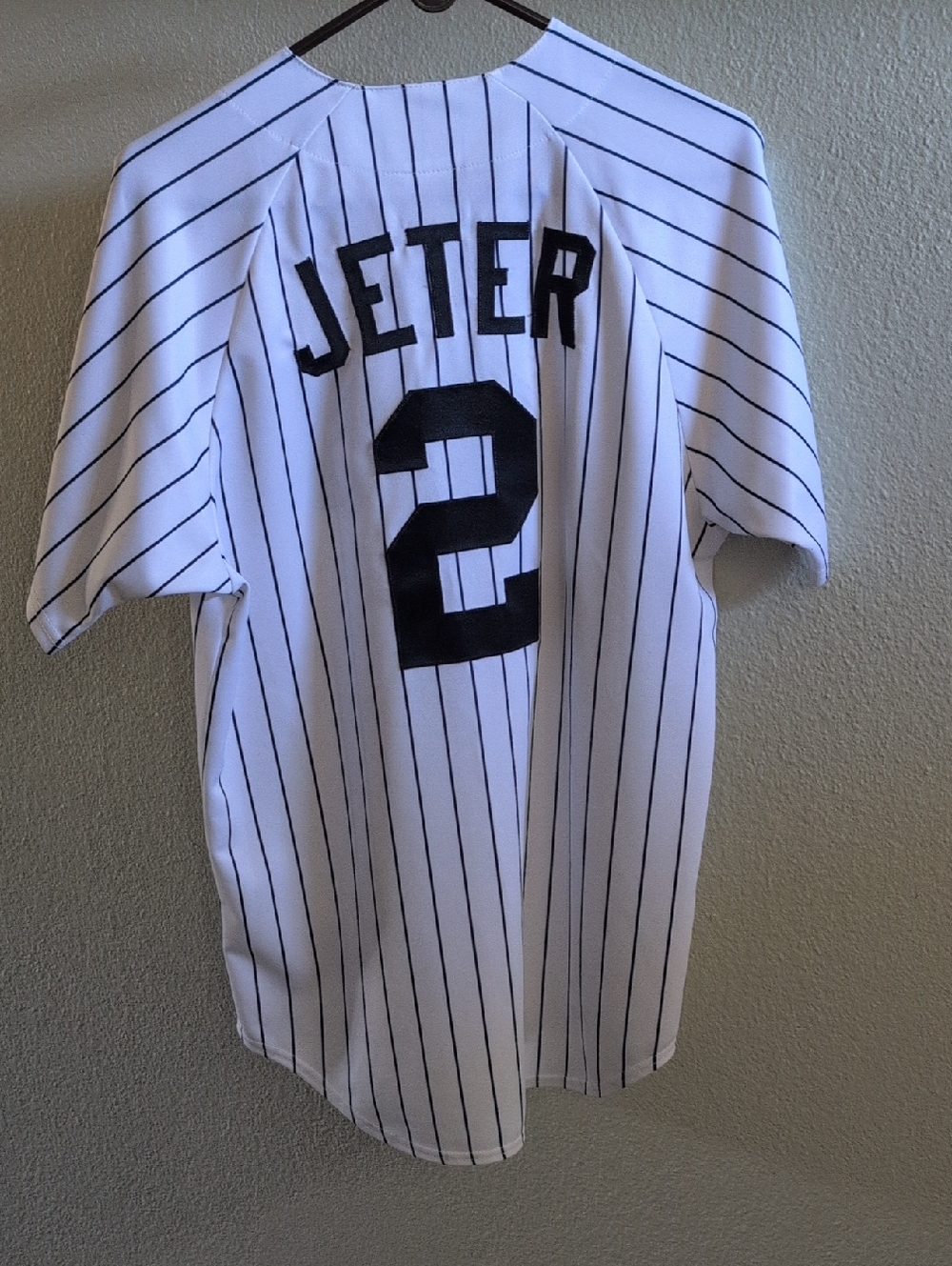 Majestic White Yankees Pinstripe Jersey with Navy and Red Logo 2 Jeter